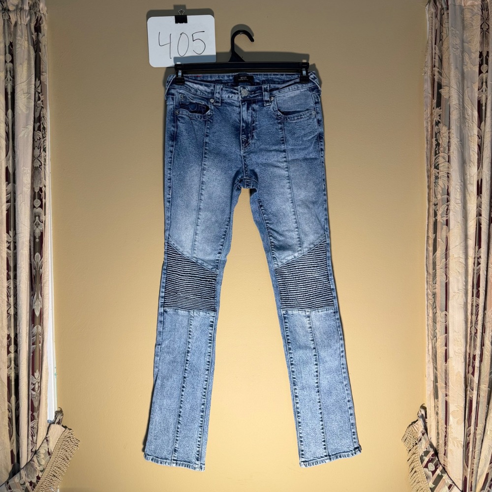 True Religion Billie Mid Rise Straight Moto Jeans Light Wash Blue Size 28